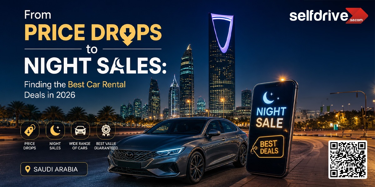 Car rental advertisement at night featuring a sleek car, city skyline, and neon sign. Highlights "Price Drops to Night Sales" and "Best Car Rental Deals in 2026."
